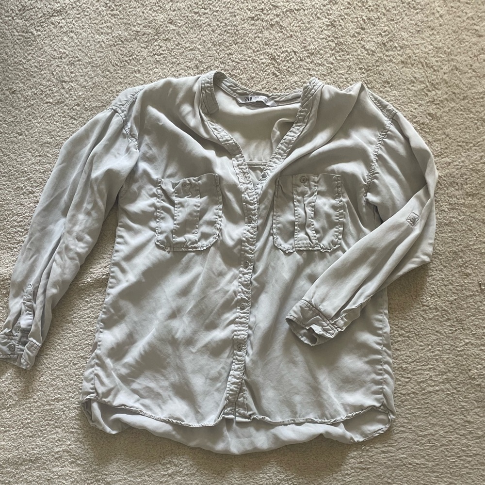 Zara light grey button-up pocket front blouse